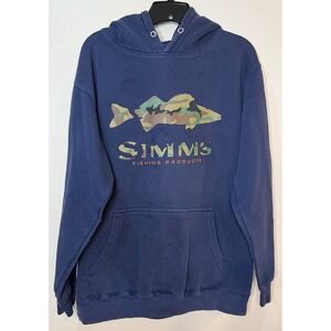 Simms Fishing Products Mens Navy Blue Camo Fish Logo Hoodie Sweatshirt Size M